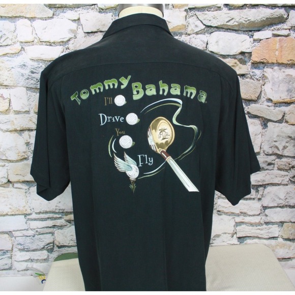TOMMY BAHAMA Men Embroidered I'll Drive You Fly Shirt All Silk Black Herringbone